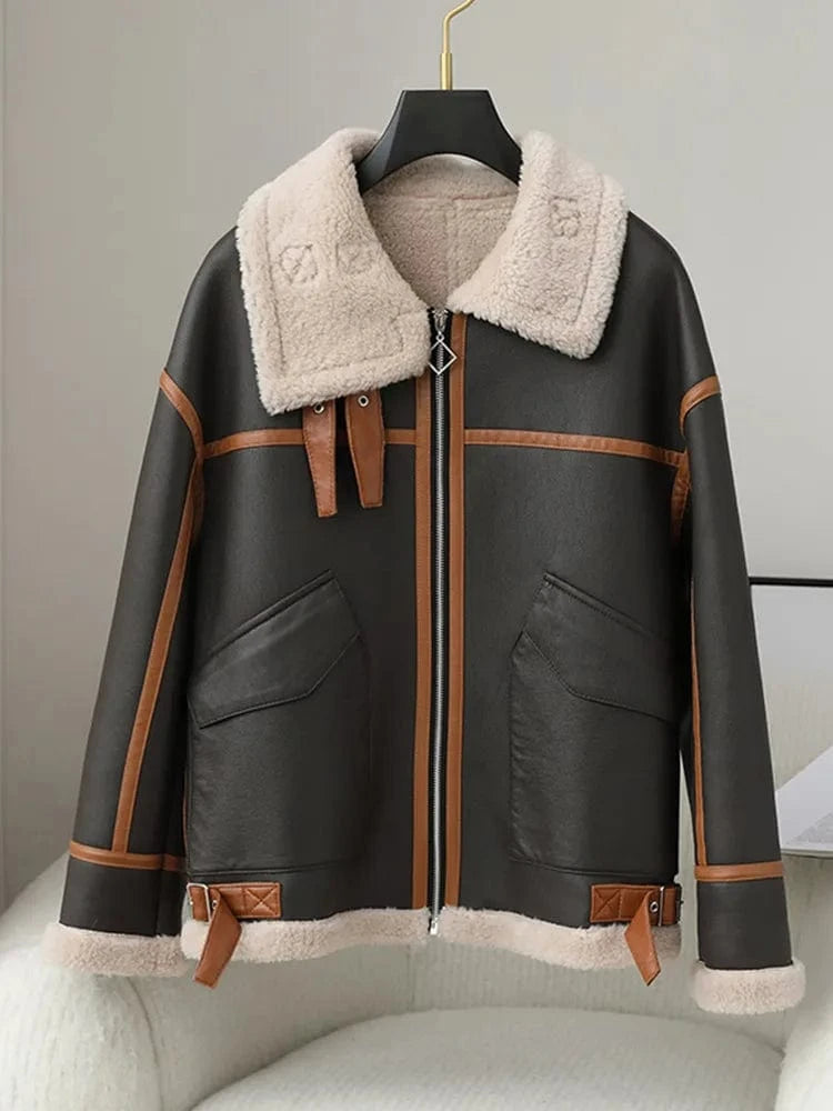 M / Brown PDUI Women PU Leather Wool Fur Coat Winter Warm Female Girl Sheep Shearing Jacket Parka CT150