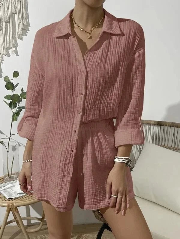 M / Brown S-XL Spring/Summer Fashion Solid Color Long sleeved Shirt Set Women's casual loose shorts two-piece set