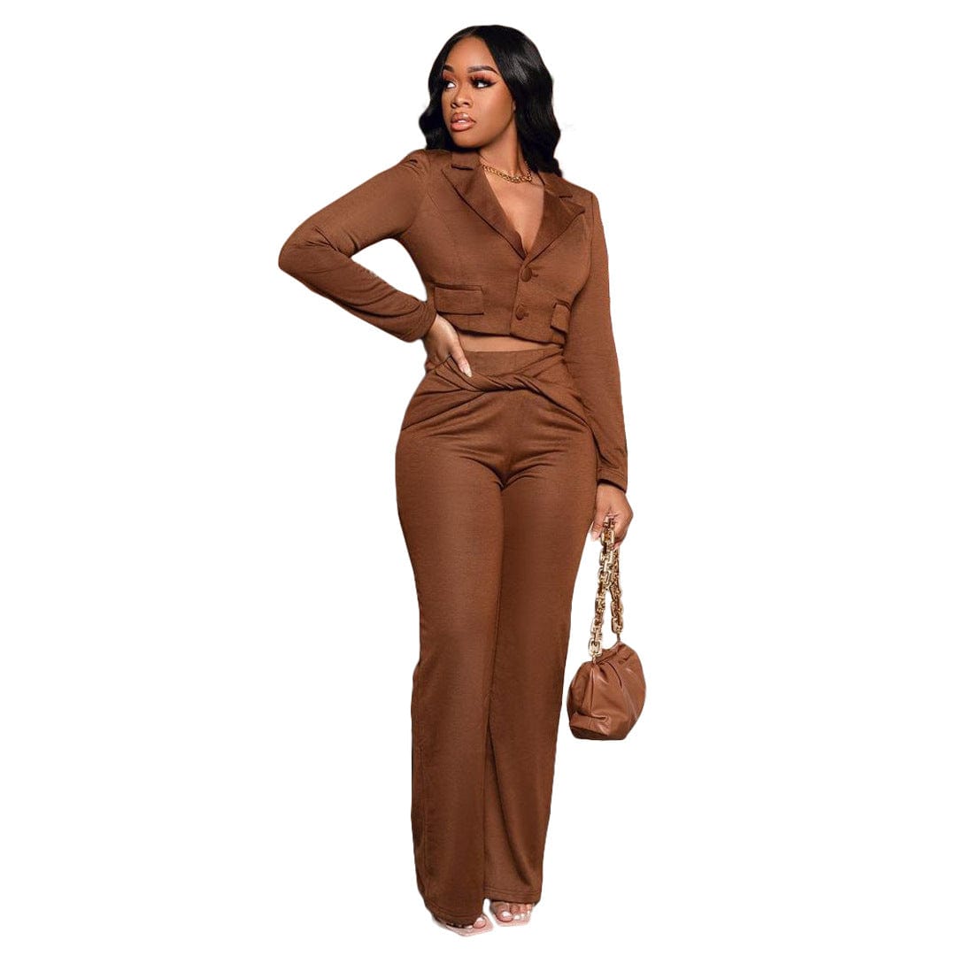 M / Brown S90089 women two piece pants set Long section Solid color lapel with buttons top loose trousers street womens Fall clothing