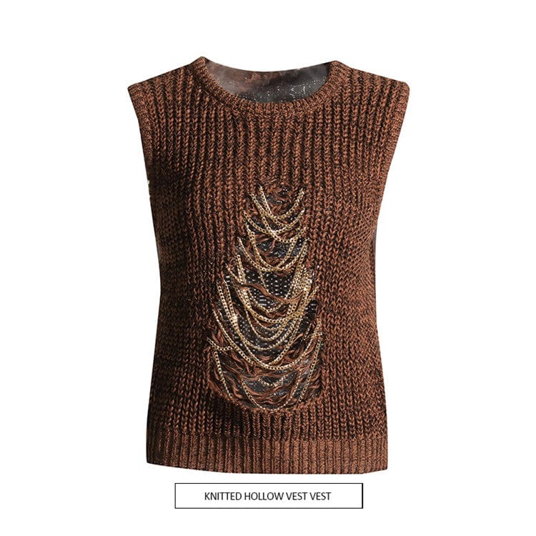 M / Brown Sweater Vest For Women Round Neck Sleeveless Patchwork Chain Hole Hollow Out Knitted Vest