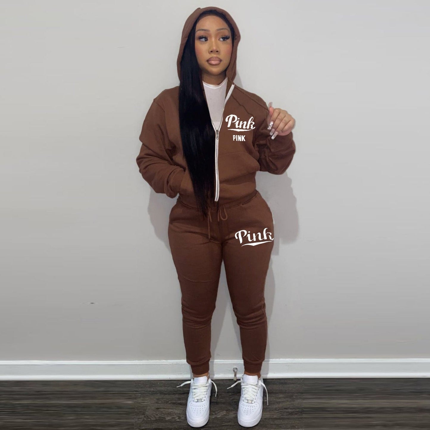 M / Brown Trendy Women Clothes Women's Fashion Printed Sweatshirt Hoodie 2 Piece Pant Set