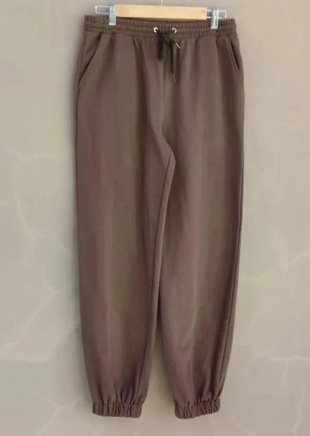 M / Brown US SizeCotton terry Wholesale custom logo Women's sweat pants drawstring high waist pockets classic lounge straight leg joggers