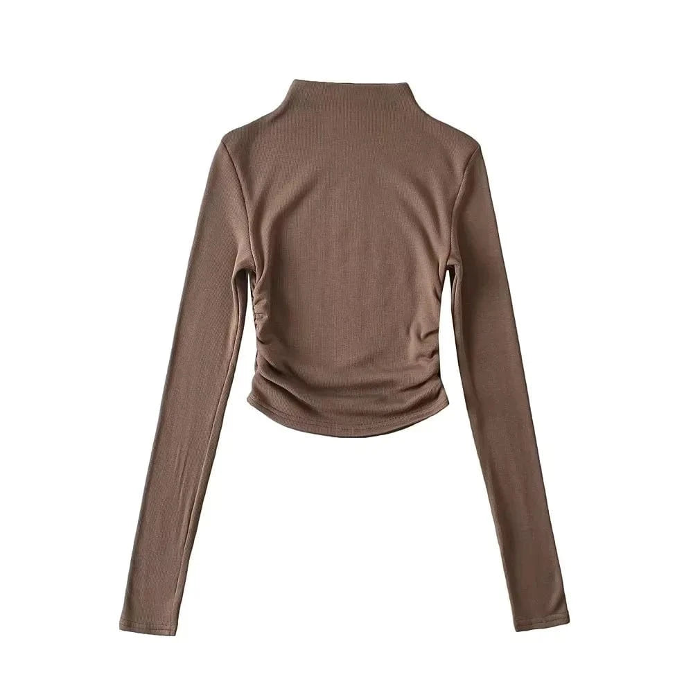 M / Brown Women Long Sleeve Basic Candy Color Turtleneck Crop Top with Elastic Side Stack High Stretch Cotton Mock Neck Tops