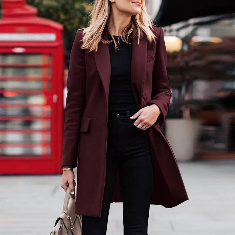 M / Burgundy Autumn Winter Trench Coat for Women Suit Coat Single-breasted Long Blazer Jacket Women Coat sobretudo feminino
