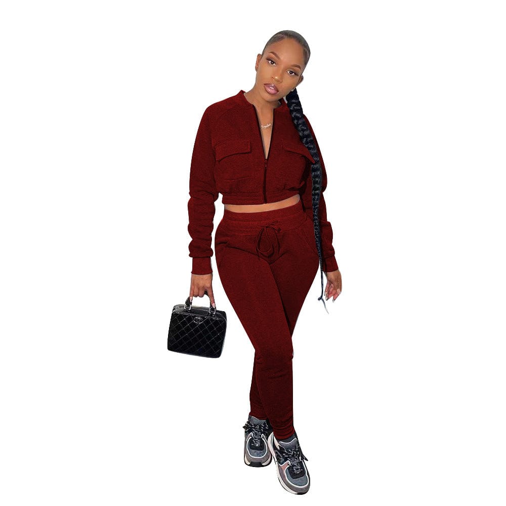 M / Burgundy C1101TA93 New Arrival Casual Solid Color Zipper Sport Two Piece Pants Set Women Sehe Fashion