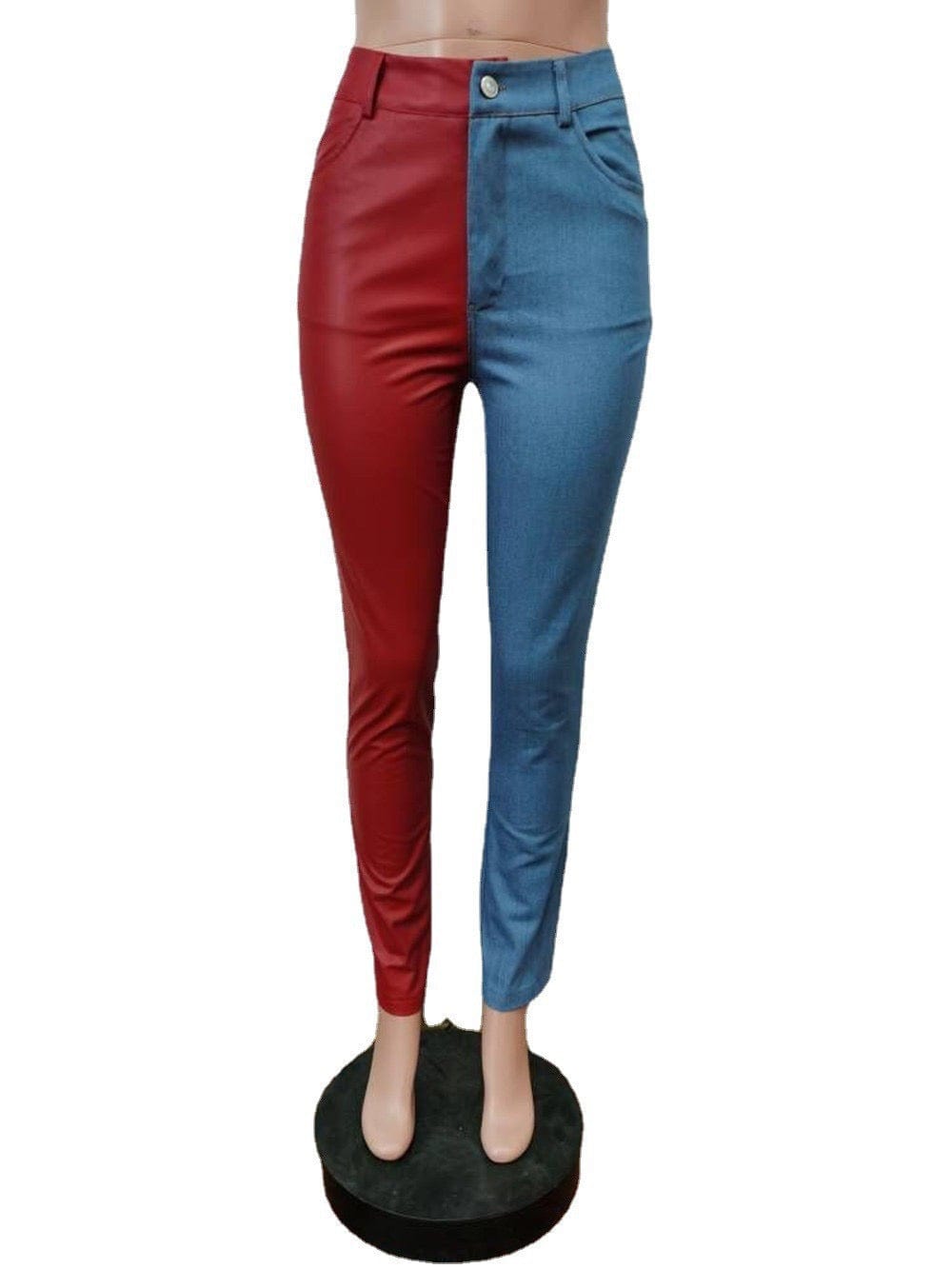 M / Burgundy J&H 2023 new design two tone leather patchwork denim jeans ladies chic leggings fall fashion causal trousers