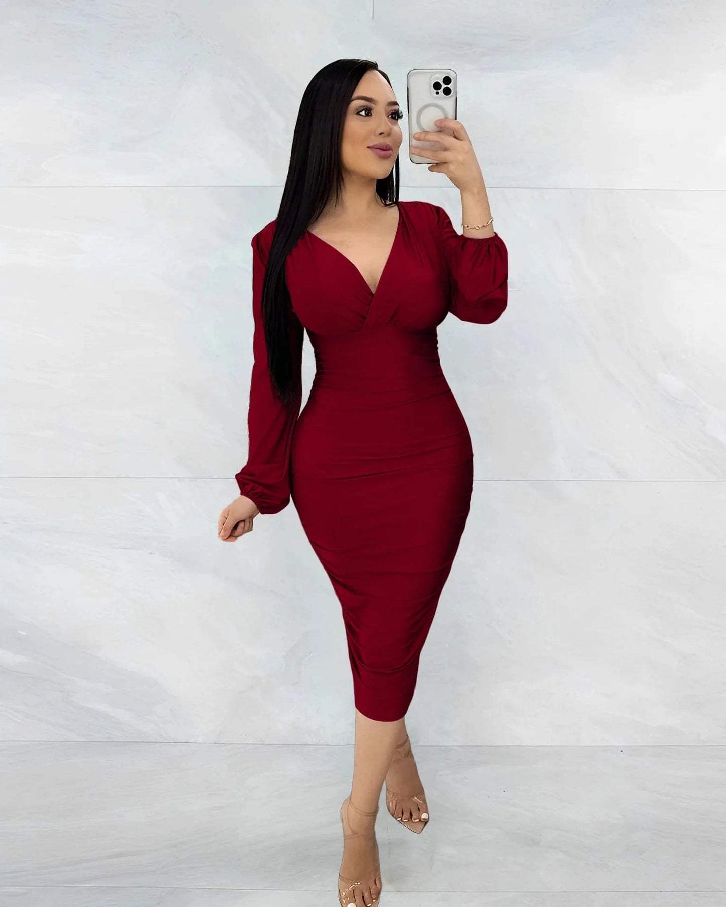 M / Burgundy New Fashion Women Europe Sexy Lady Cross V-neck Fashion Pleated Dress Long Sleeve Women's Slim Evening Party Pencil Casual Dress