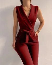 M / Burgundy New women's office workwear ins business style solid V neck ladies strappy sleeveless romsuit women jumpsuits