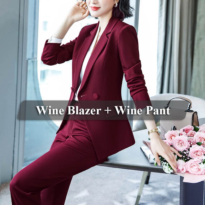 M / Burgundy OEM Drop Ship 2 Piece Set Simple Formal Burgundy Business Suit Blazer with Pockets Office Lady Designs Women Jacket and Pant