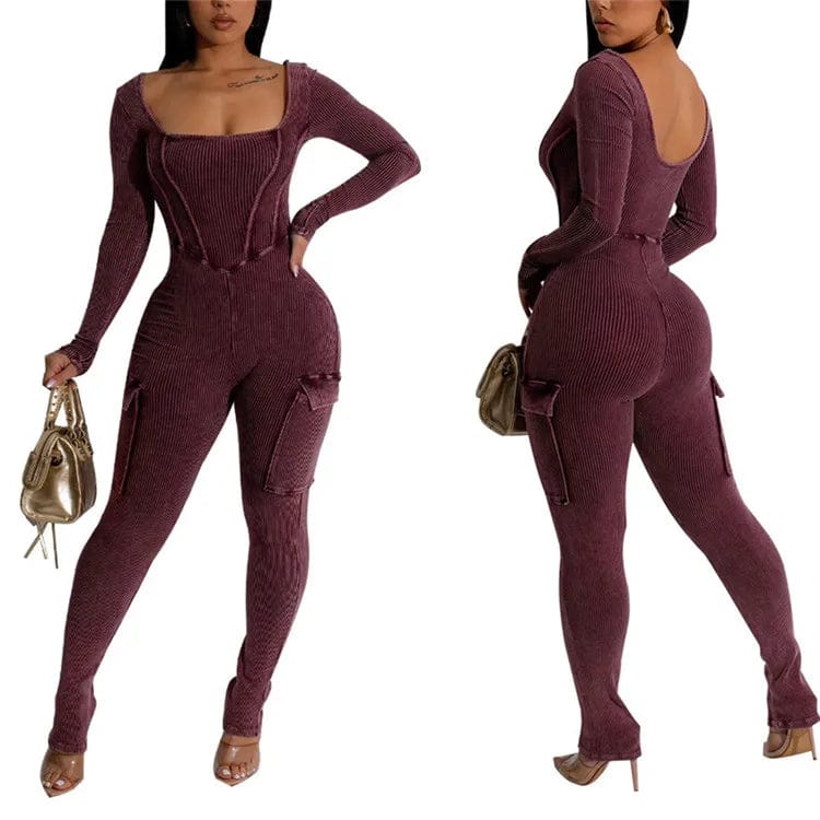 M / Burgundy Ribbed Fitness Jumpsuit Women Casual Low-Neck Sporty Stretch Street High Quality Activity Workout Overalls