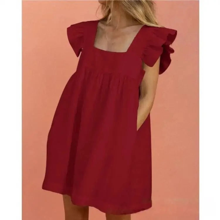 M / Burgundy S-XXL Summer New Dress Fragmented print color blocking square neck ruffle edge sleeve solid color large hem dress