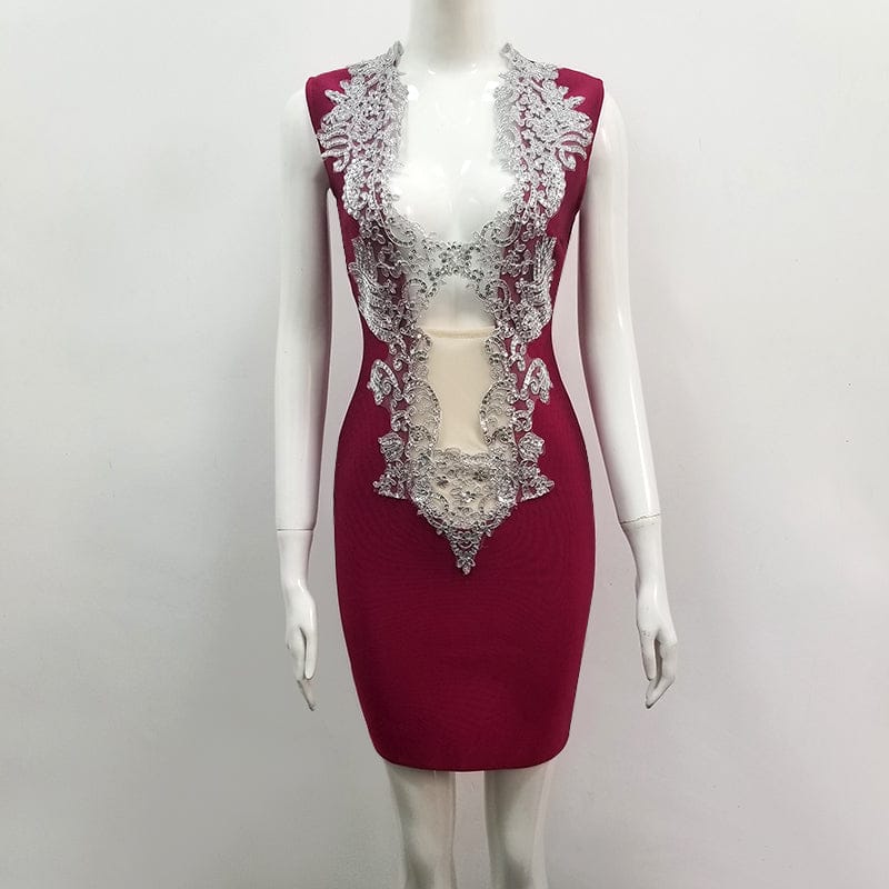 M / Burgundy Top Quality Front Deep V-neck Hollow Out Slip Rayon Bandage Dress Night Club Party Dress