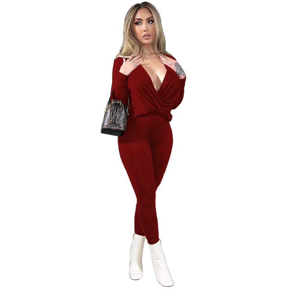 M / Burgundy Trendy Women Clothes Casual Sexy Solid Color V-neck Cross Pleated Loose Tops Trousers Two Piece Set