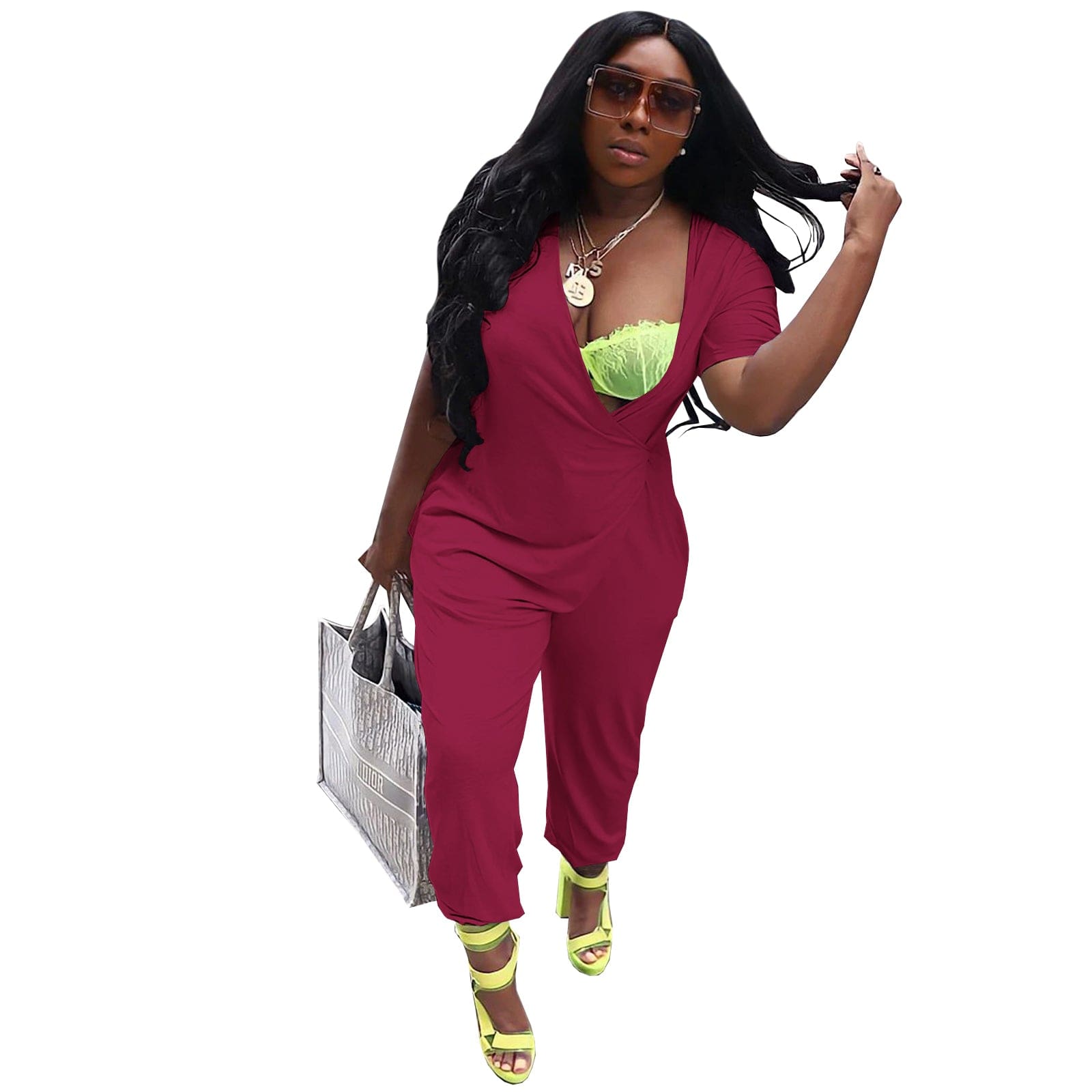 M / Burgundy Women Fall Fashion 2022 Solid Color Deep V Jumpsuit Office Irregular Women Rompers And Jumpsuit Rompers