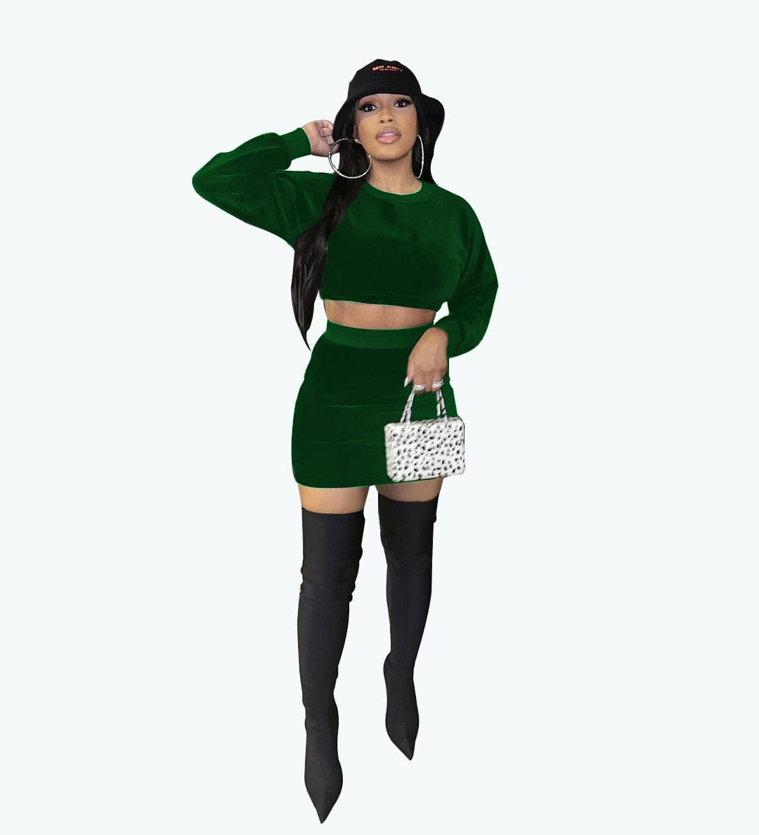 M / C7063-4 Sexy navel korean velvet long-sleeve solid color round neck skirt suit
