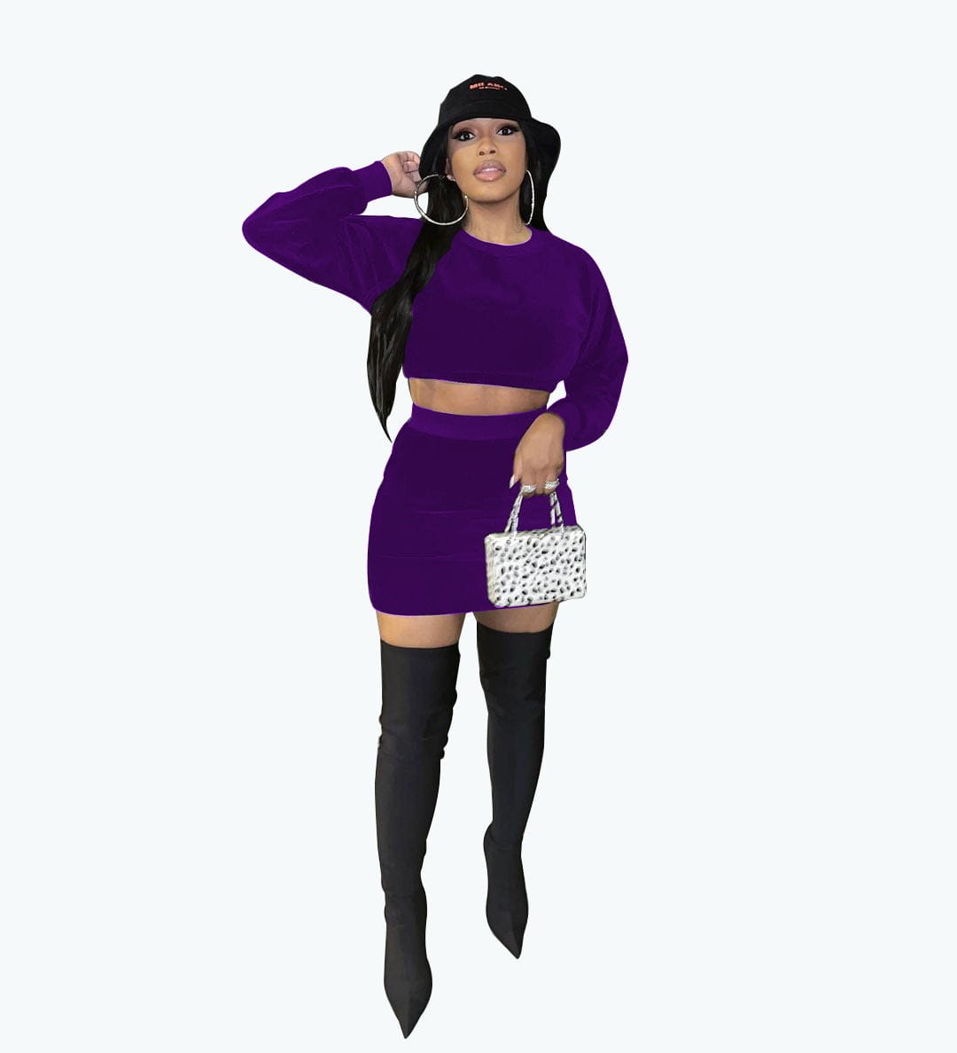 M / C7063-5 Sexy navel korean velvet long-sleeve solid color round neck skirt suit