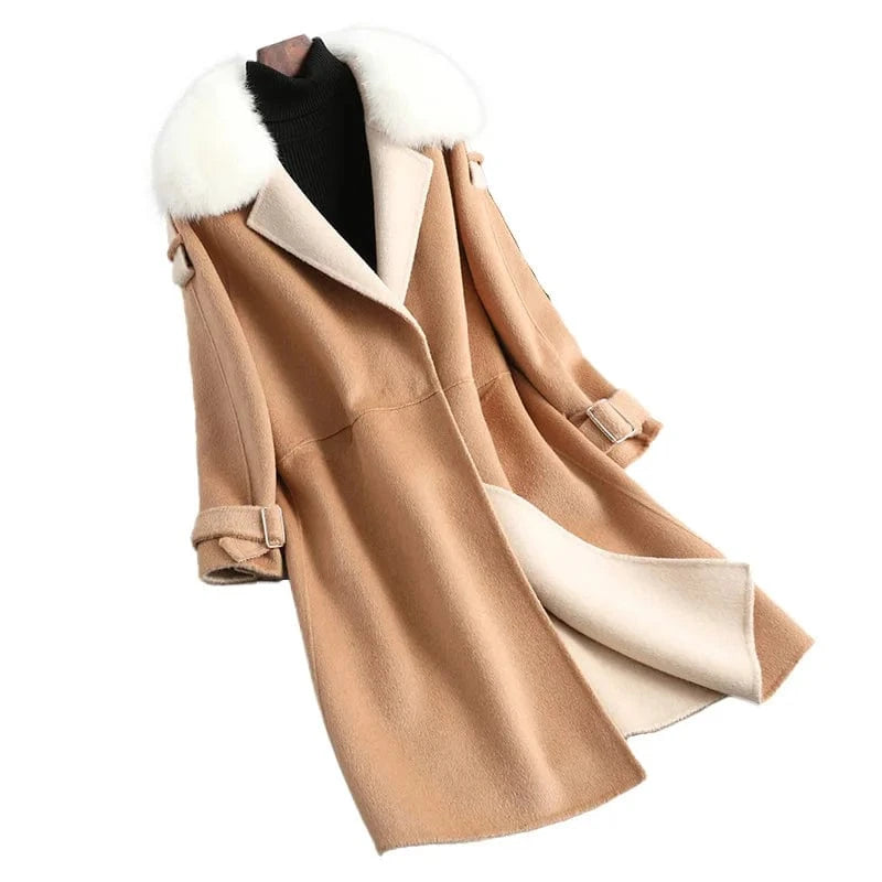 M / Camel 2022 Women Long Length Wool Coat Korean Cashmere Winter Coat With Fox Fur Collar