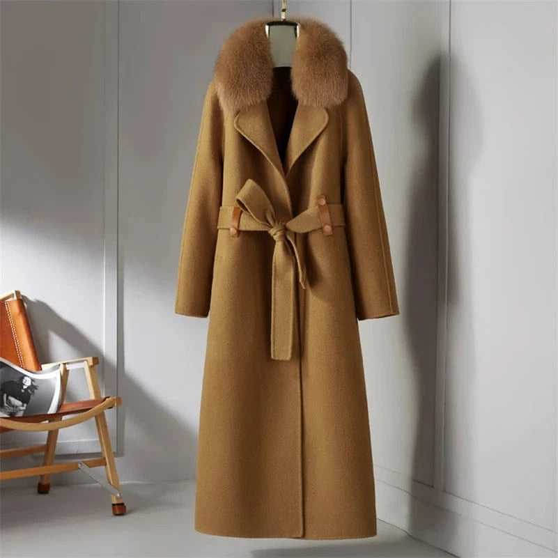 M / camel 21173 Women 90% wool blends Long coat jacket with real fox fur collar overcoats jackets Trench