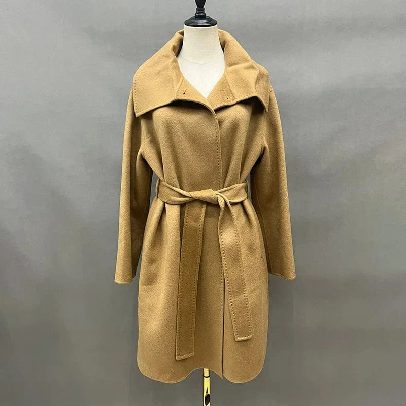 M / Camel High Quality Korean Double Sided Handmade Belted Long Cashmere Wool Coat for Women