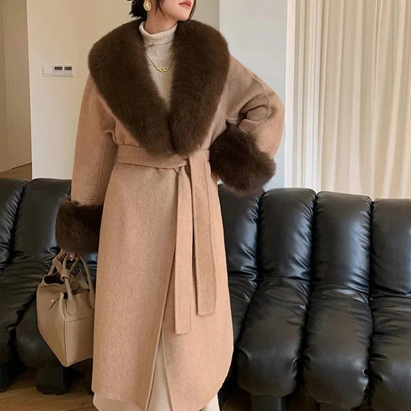 M / Camel High Quality Winter Warm Solid Long Wool Trench Coat Women Cashmere Coat with Fox Fur Collar Cuffs