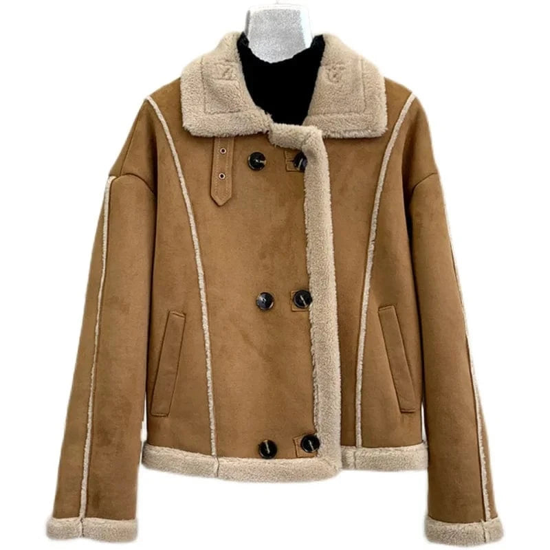 M / Camel Hot Sale Lady Sheep Shearling Warm Short Coats Female Girl Lamb Wool Fur Casual Winter Jacket Overcoat JT3270