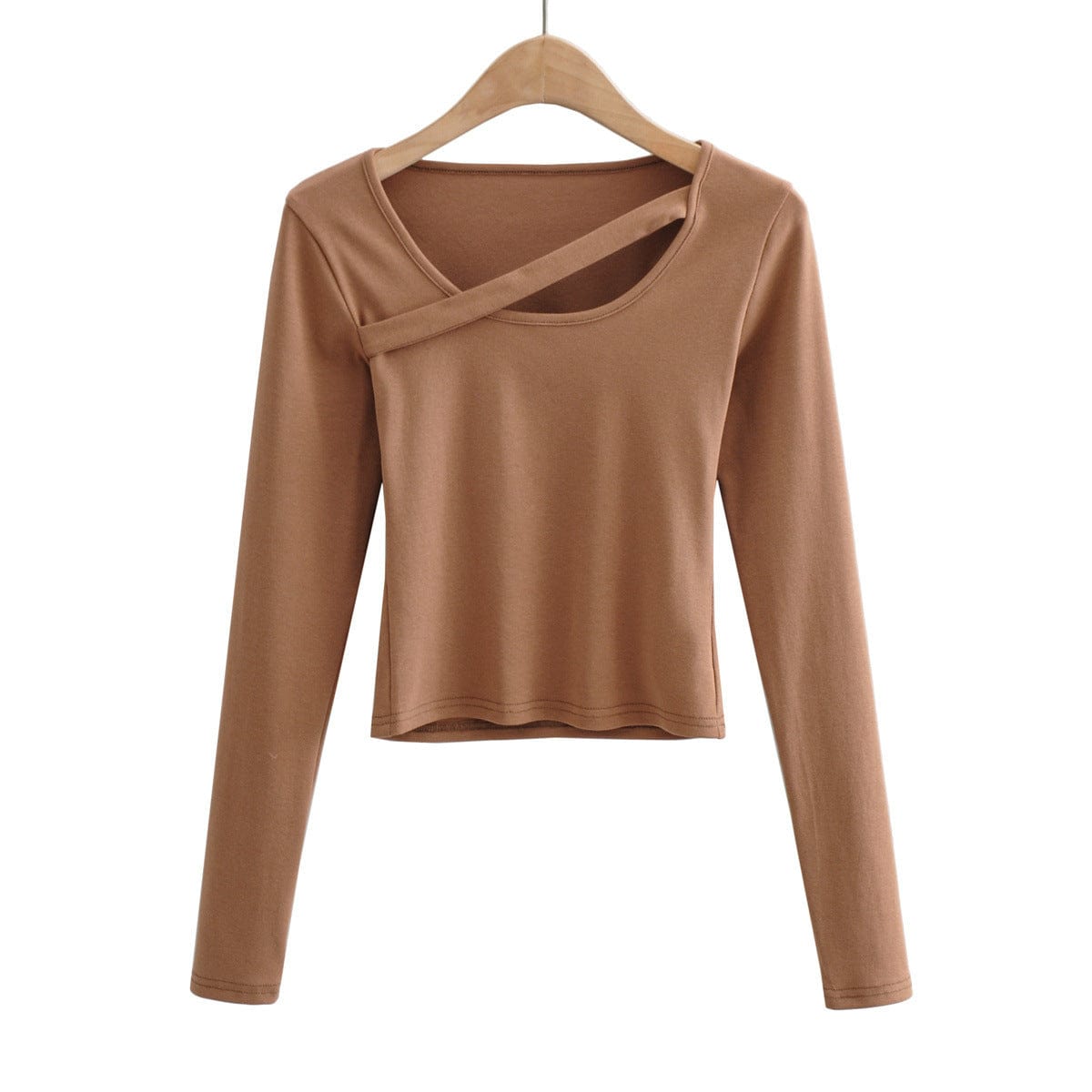M / camel R20121S Women's spring unique design solid color one word with U-neck long-sleeved slim T-shirt top