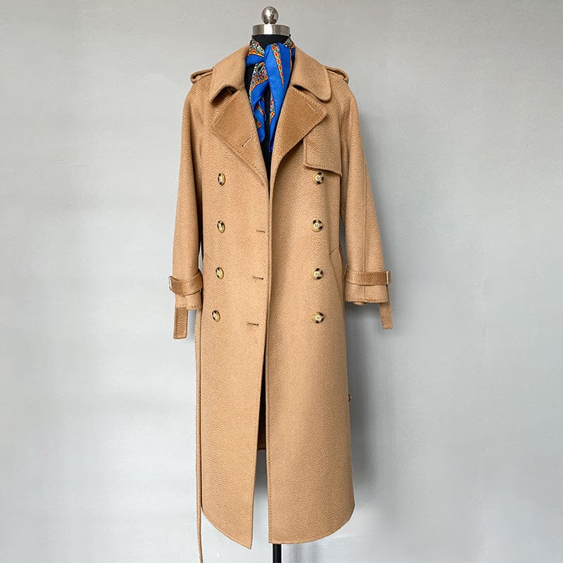 M / Camel Spring Autumn Winter Women Elegant Double Face Water Ripple Wool Coat Long Cashmere Coat