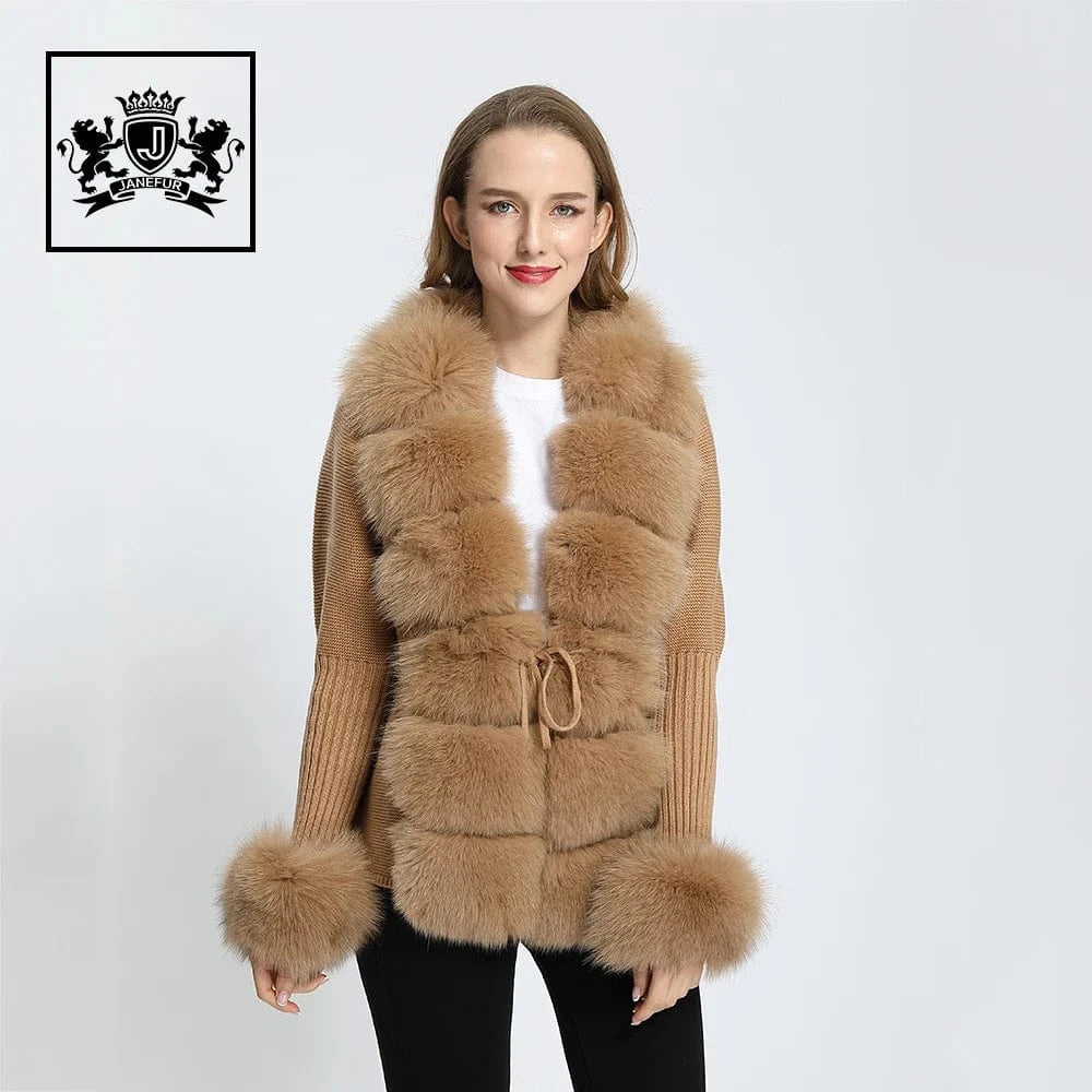 M / Camel Wholesale Ladies Autumn Winter Knitted Fox Fur Trim Wool Fur Sweater