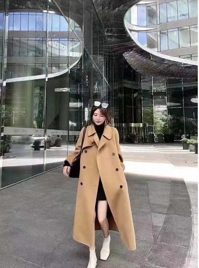 M / Camel Winter Warm Thick Genuine Lamb Wool Overcoat Long Women Cashmere Coats
