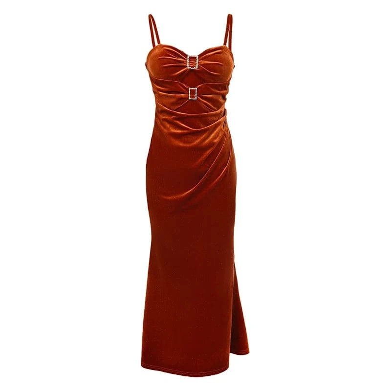 M / Caramel ZYHT 21039 Diamond Buckle Spaghetti Straps Casual Corset Party Dress Backless Sexy Velvet Slip Fishtail Dress