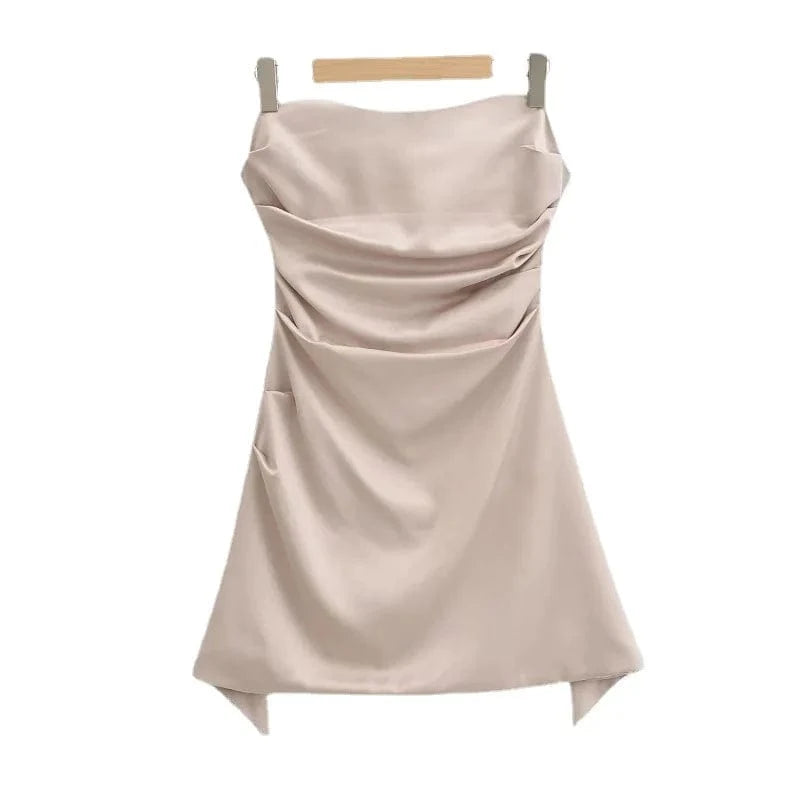M / Champagne RedPeony Strapless Ruched Mini Holiday Women Dress 2024 Summer Sexy Bodycon Night Birthday Party Dresses Satin Dress