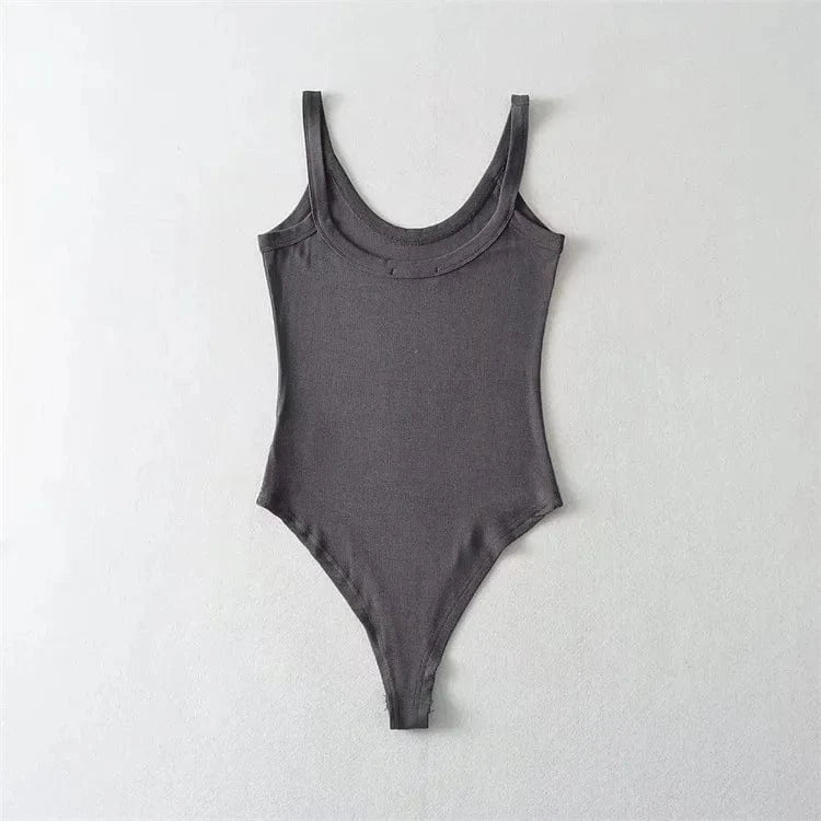 M / charcoal Custom Logo Bodysuit Top Women's Casual Workout Bodysuits for Women Solid Sleeveless Ribbed Knit Bodysuit