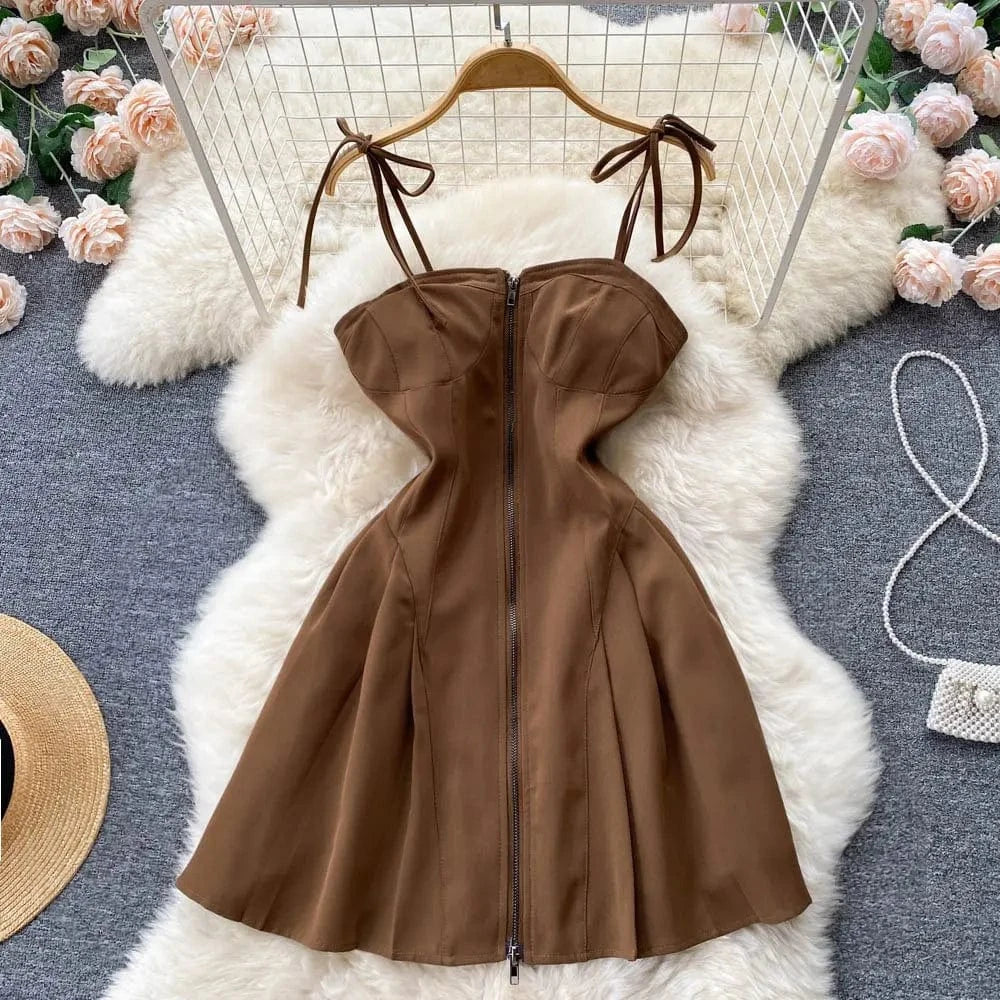 M / Chocolate Fashion Wholesale Ladies Casual Sweet Pure A Line Short Dress For Women Customized Logo Tight Waist Pleated Women