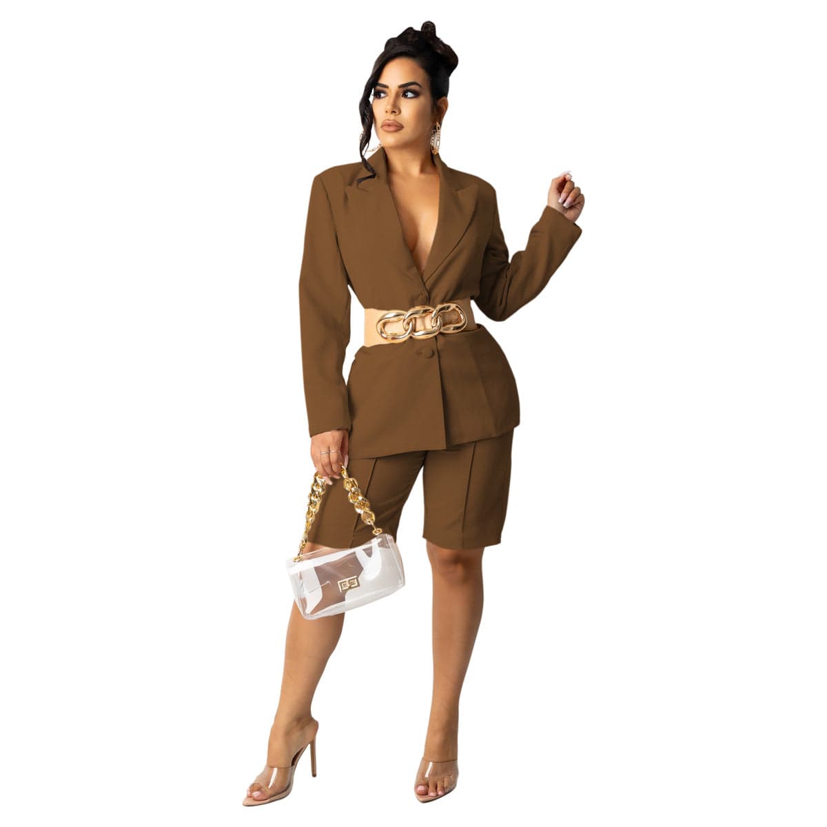 M / Coffee C1104TA3 Office Style Casual Solid Color Blazer Coat Two Piece Shorts Set Women Sehe Fashion