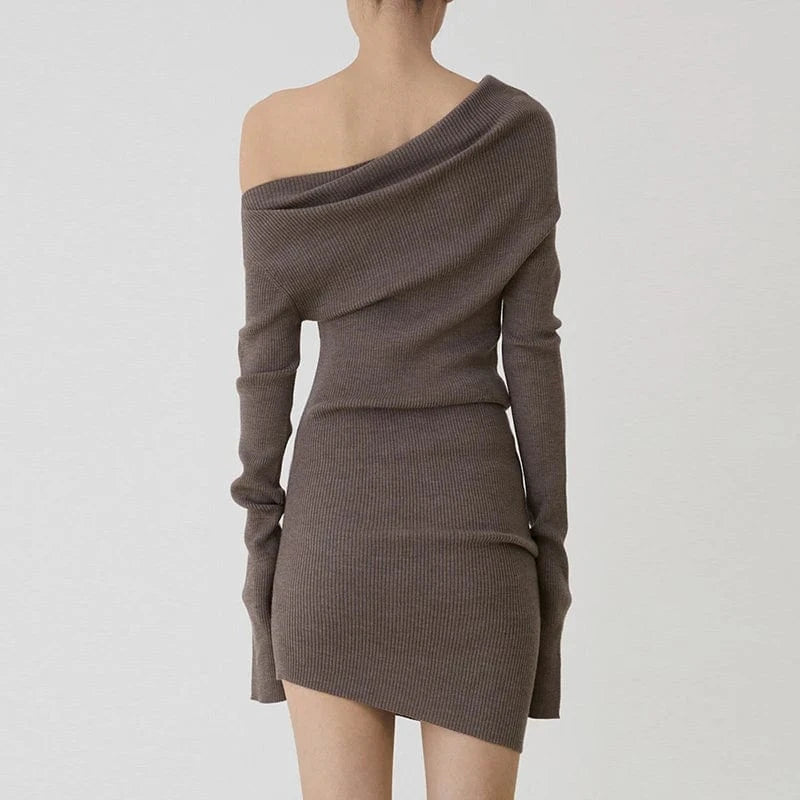 M / coffee CHICEVER Casual Diagonal Collar Long Sleeve Solid Color Women Clothing Dresses 2023