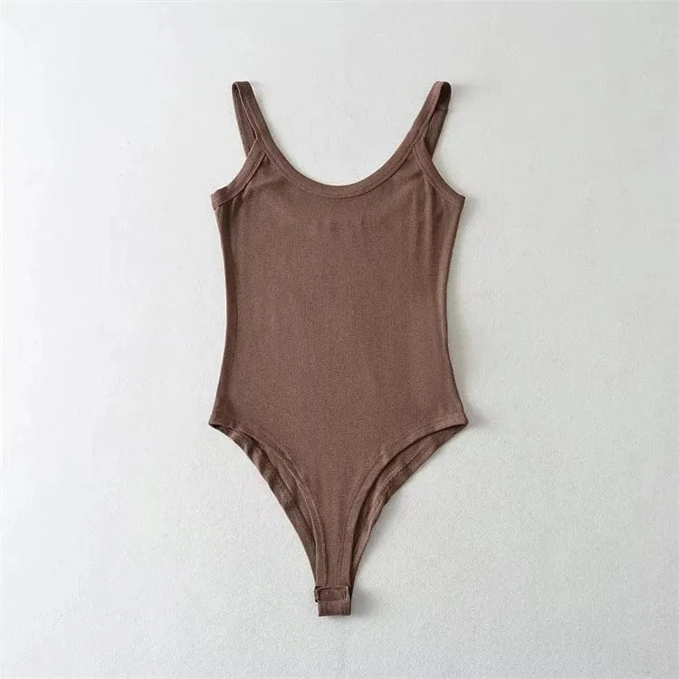 M / Coffee Custom Logo Bodysuit Top Women's Casual Workout Bodysuits for Women Solid Sleeveless Ribbed Knit Bodysuit