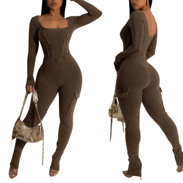 M / Coffee Ribbed Fitness Jumpsuit Women Casual Low-Neck Sporty Stretch Street High Quality Activity Workout Overalls