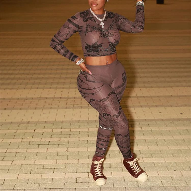 M / Coffee Sexy Women'S Mesh Printed Skinny Casual Set Round Neck Long Sleeve Top Slim Pencil Pants 2Pcs Fashion Streetwear Set