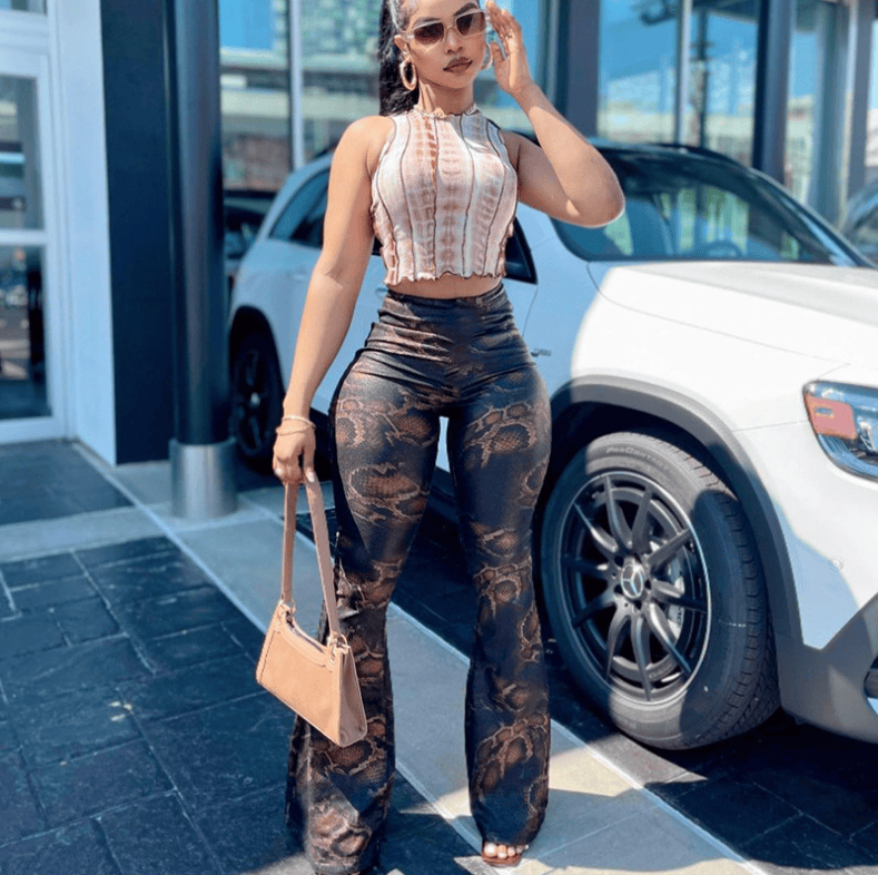 M / Color 1 2023 Fashion Pattern Snake Print New Pants Women High Waist Flare Pant Streetwear Flare Trousers For Women