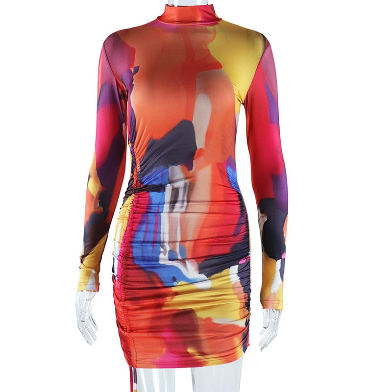 M / Color C1647 Fall 2022 Digital Print Stand Neck Drawstring Pleated Long Sleeve Hip Wrap Dress