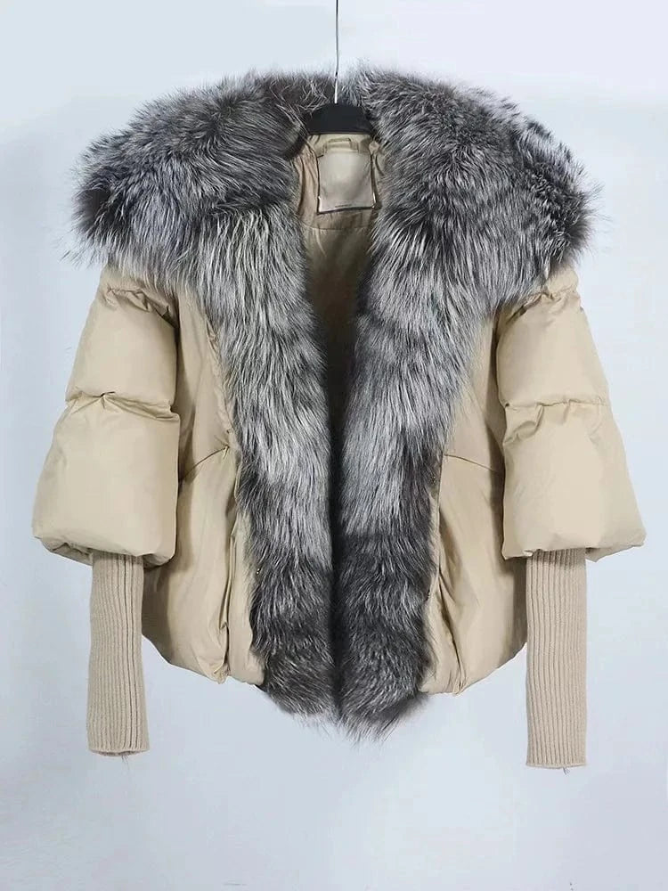 m / color10 Winter New Women Puffer Down Jacket Ladies Real Fur Coat Short Silver Fox Fur Collar Trim Duck Down Coat