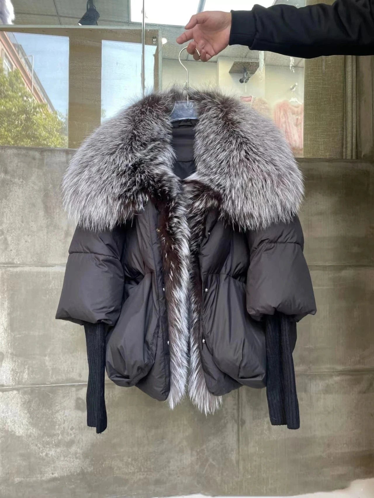 m / color2 Winter New Women Puffer Down Jacket Ladies Real Fur Coat Short Silver Fox Fur Collar Trim Duck Down Coat