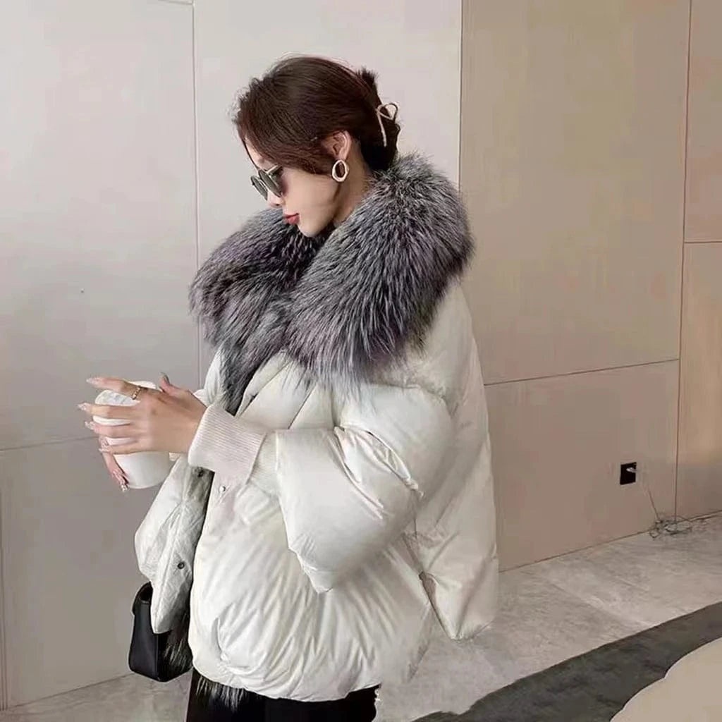 m / color3 Winter New Women Puffer Down Jacket Ladies Real Fur Coat Short Silver Fox Fur Collar Trim Duck Down Coat