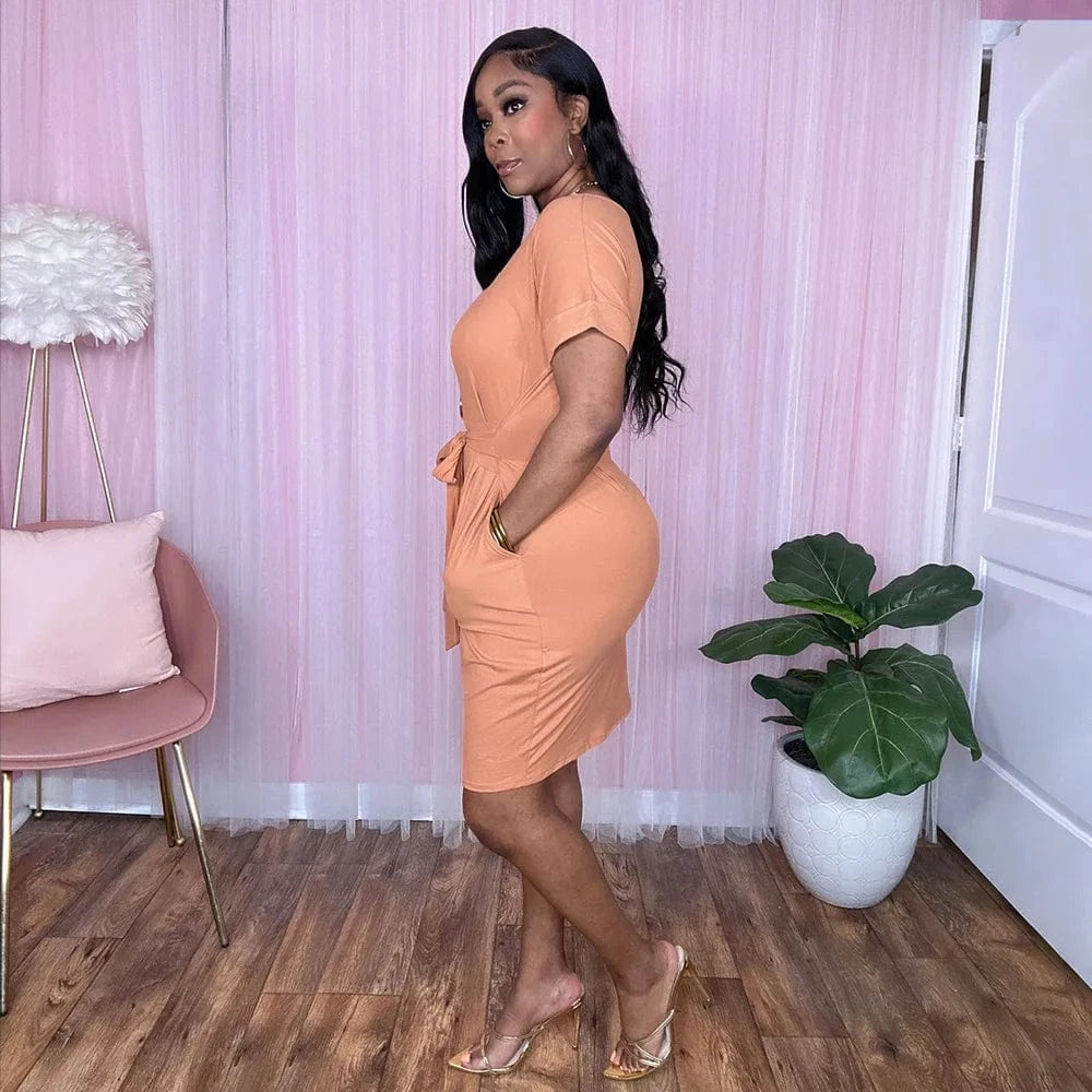 M / Coral Latest Lady Office Career DressLace Up Solid Color Dress Women Office Dresses