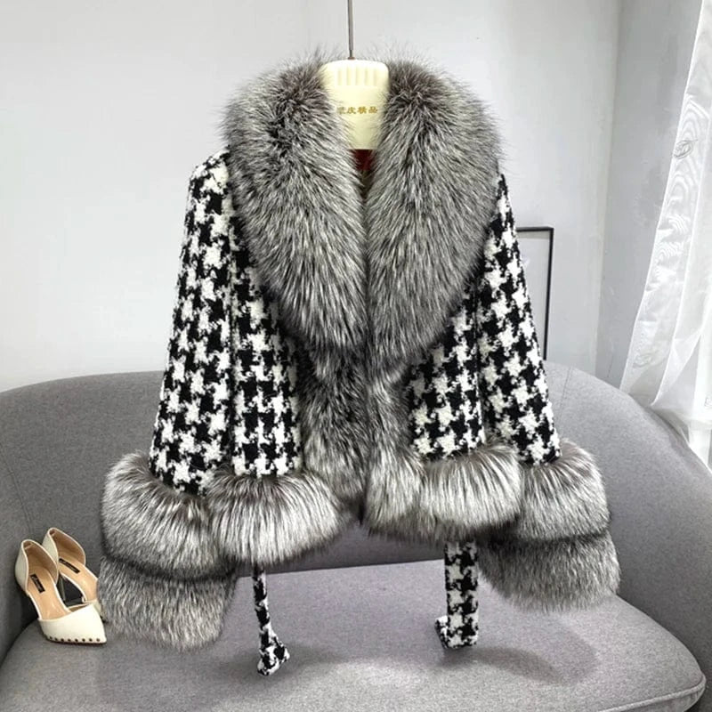 M(cost bust 100cm) / Sliver Fox Hot Sale Winter Custom Short Style Women Cashmere Wool Coat with Fox Fur Collar