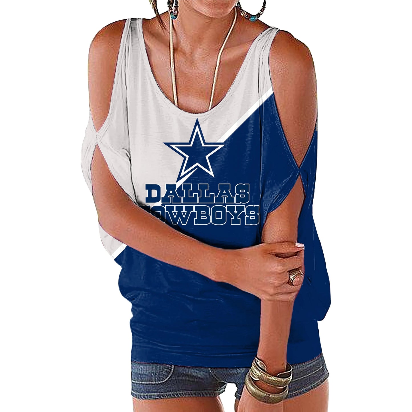 M / cowboys custom nfl polyester t shirt girl o neck short sleeve plain shirts ladies off shoulder plus size women's blouses & shirts