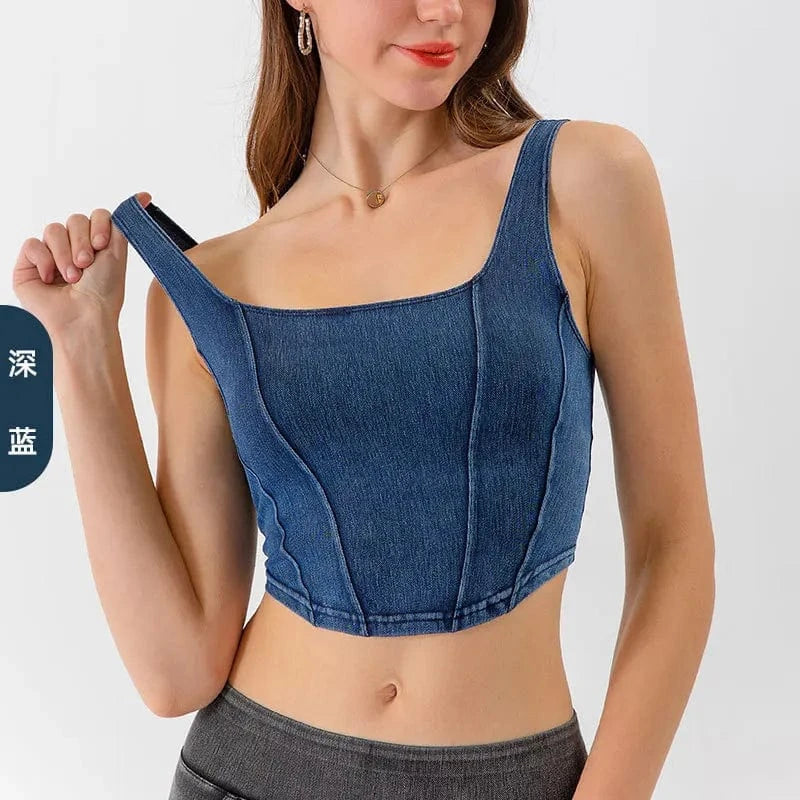 M / Dark blue 2023 Wholesale New Fashion Women  Slim Solid Color Sports U-shaped High Elastic Sport Short Demin Yoga Vest Top