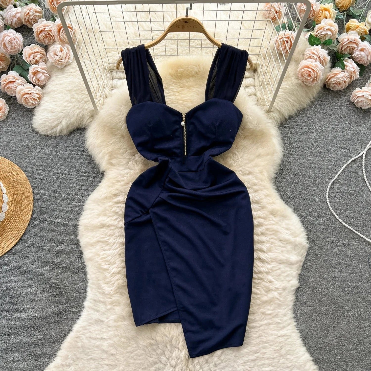 M / Dark blue 2024 Women's New Fashion Sexy Zipper Halter Dress Irregular Slim Short Dress