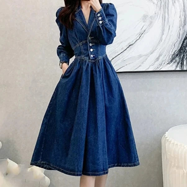 M / Dark blue Autumn Elegant Temperament Retro Dark Blue High Denim Dress Popular Womens Fashion Clothes