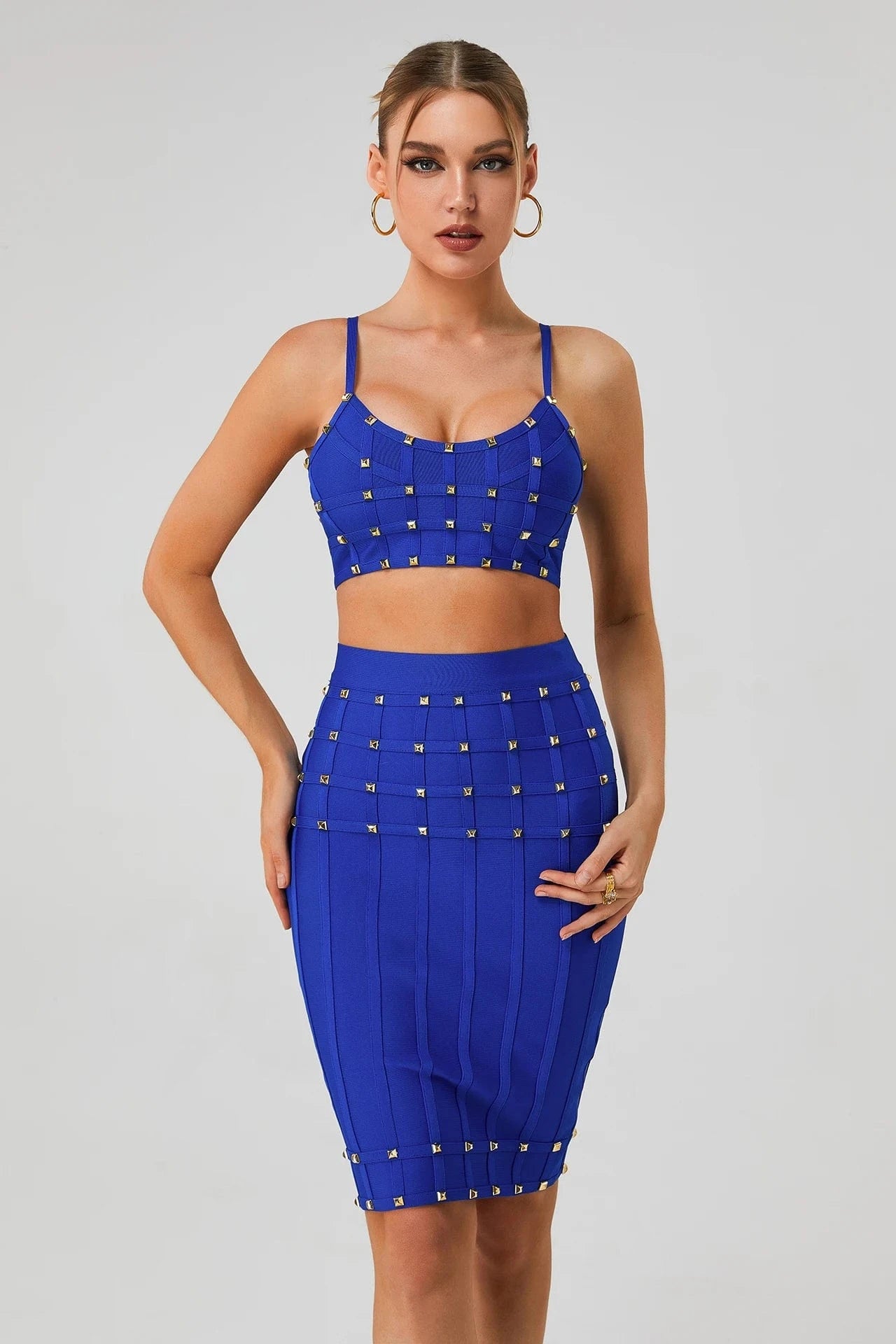 M / Dark blue BA363 Bandage Dress Set Sexy Spaghetti Strap Top Mini Skirts Two Pieces Set Fashion Party High Quality Woman Summer Suit Dress